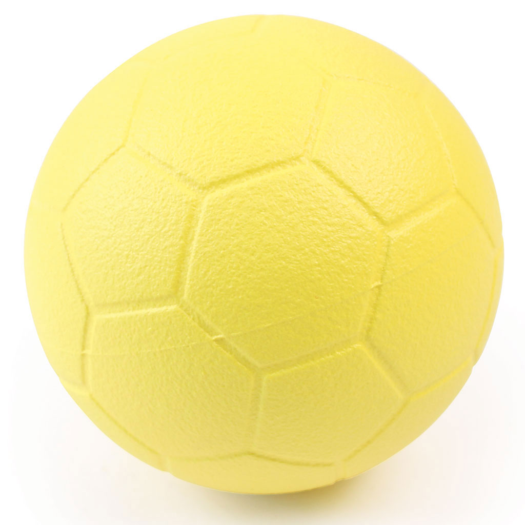The Martin Berrill Sports Coated Foam 32 Panel Football features a yellow textured surface and classic panelled design, ideal for indoor and outdoor play.