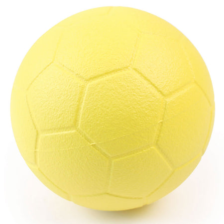 The Martin Berrill Sports Coated Foam 32 Panel Football features a yellow textured surface and classic panelled design, ideal for indoor and outdoor play.