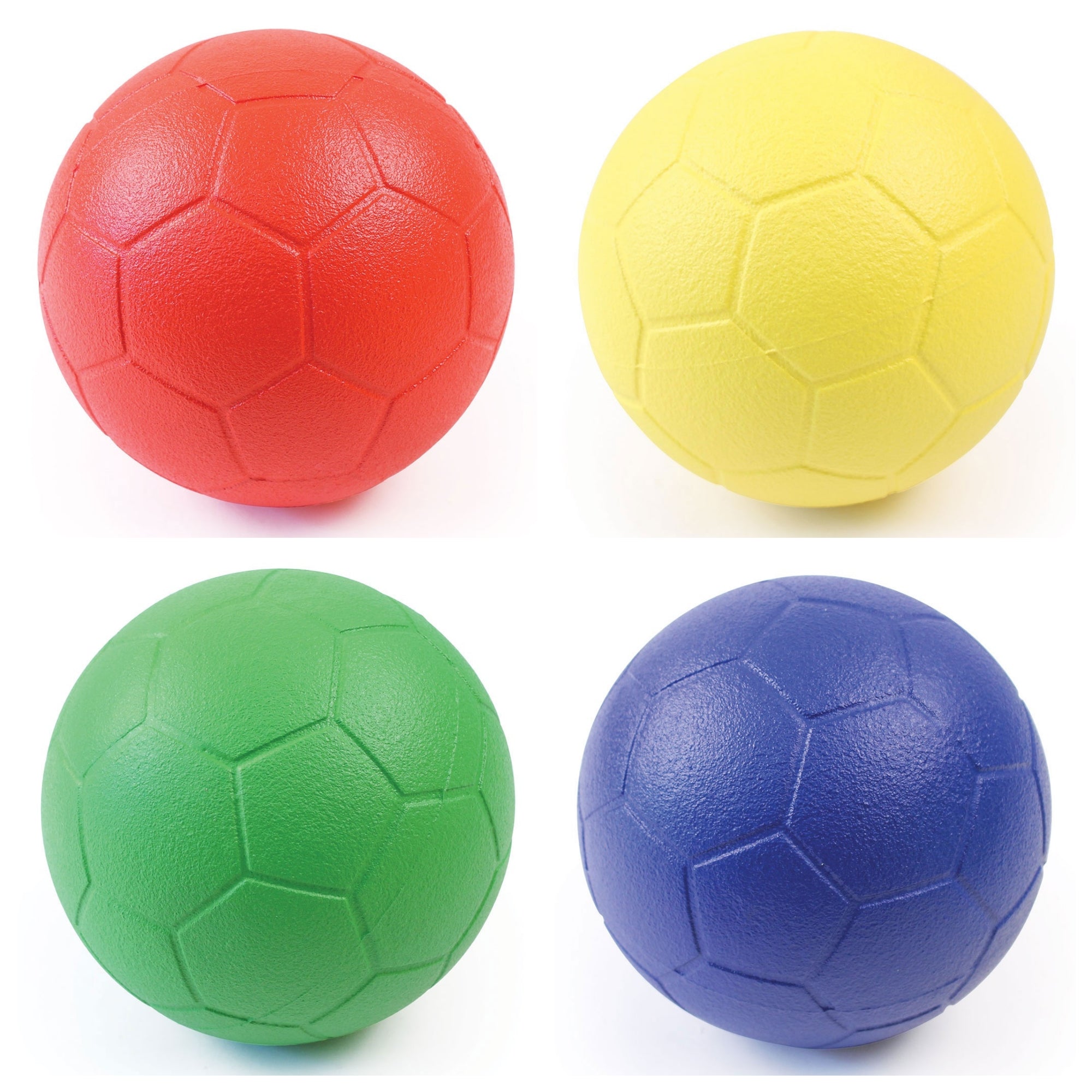Four Martin Berrill Sports Coated Foam 32 Panel Footballs arranged in a square: red top left, yellow top right, green bottom left, blue bottom right. Each features visible hexagonal patterns and is designed for indoor or outdoor play.