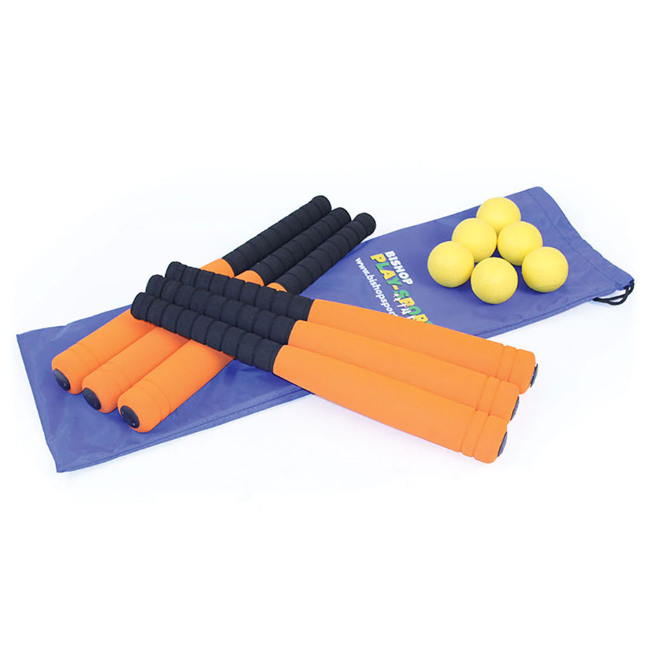 The Mastersport Rubber Foam Bats & Balls Set includes four orange and black bats and six yellow balls on a blue drawstring bag, perfect for kids’ indoor or outdoor play.