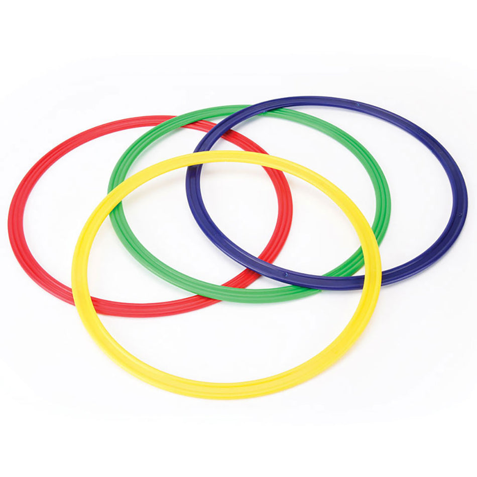 The Martin Berrill Sports Flat Hoops - Set of Four features durable yellow, green, red, and blue hoops overlapping and arranged on a white background.