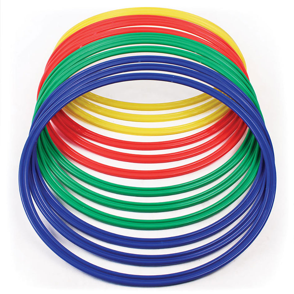 The Martin Berrill Sports Flat Hoop - Set of Twelve features durable activity hoops in red, yellow, green, and blue, stacked in overlapping layers against a white background.
