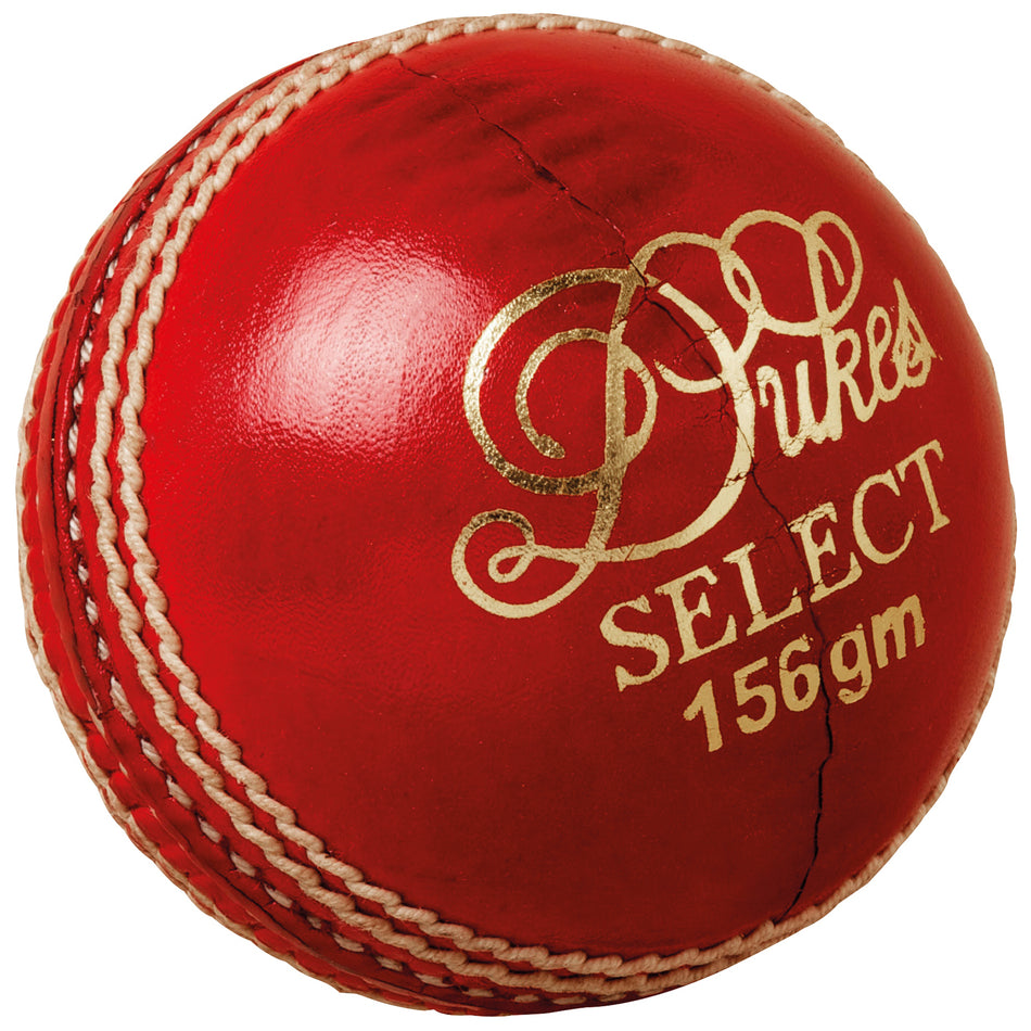 A Dukes Select A Cricket Ball (Senior) in red, made from quality leather with prominent white stitching and gold "Dukes" lettering.