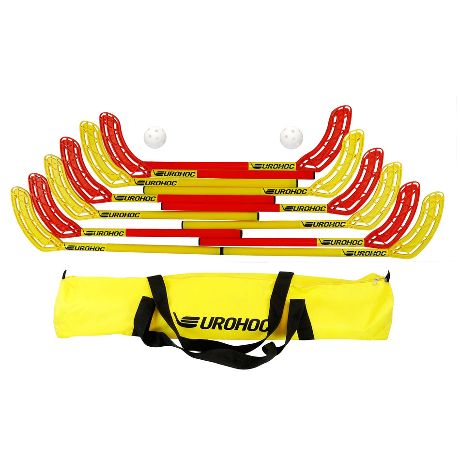 The Eurohoc Floorball Mini Set by Eurohoc includes 8 red and yellow sticks, 2 white balls, and a yellow carrying bag—ideal for team games that enhance hand-eye coordination—all displayed on a white background.