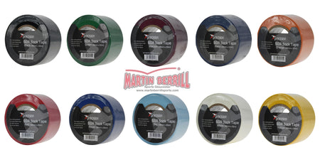Five rolls of Precision Training SGR Sock Tape 38mm in assorted colors (black, green, white, navy, orange)—ideal for securing shin guard tape—are shown with the brand logo. Pack includes 5 tapes.