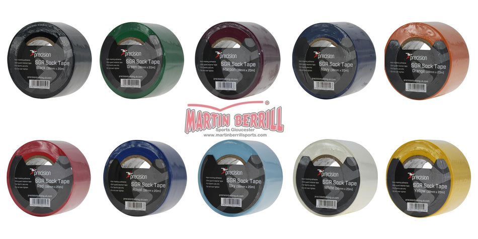 Five rolls of Precision Training SGR Sock Tape 38mm in assorted colors (black, green, white, navy, orange)—ideal for securing shin guard tape—are shown with the brand logo. Pack includes 5 tapes.