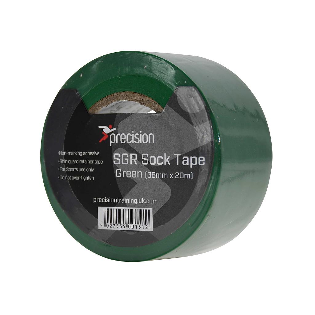 Precision Training SGR Sock Tape 38mm (Pack of 5) is green, non-marking adhesive tape for sports use as a shin guard retainer. Each roll measures 38mm x 20m—do not over-tighten. Designed specifically for securing shin pads.