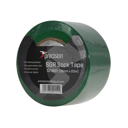 Precision Training SGR Sock Tape 38mm (Pack of 5) is green, non-marking adhesive tape for sports use as a shin guard retainer. Each roll measures 38mm x 20m—do not over-tighten. Designed specifically for securing shin pads.