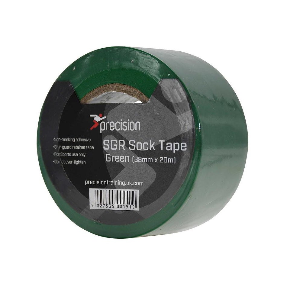 Precision Training SGR Sock Tape 38mm (Pack of 5) is green, non-marking adhesive tape for sports use as a shin guard retainer. Each roll measures 38mm x 20m—do not over-tighten. Designed specifically for securing shin pads.