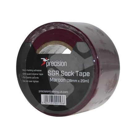 Pack of 5 Precision Training SGR Sock Tapes, 38mm x 20m each in maroon, with product details and usage instructions on the label—ideal for securing socks or as shin guard tape during matches and training.