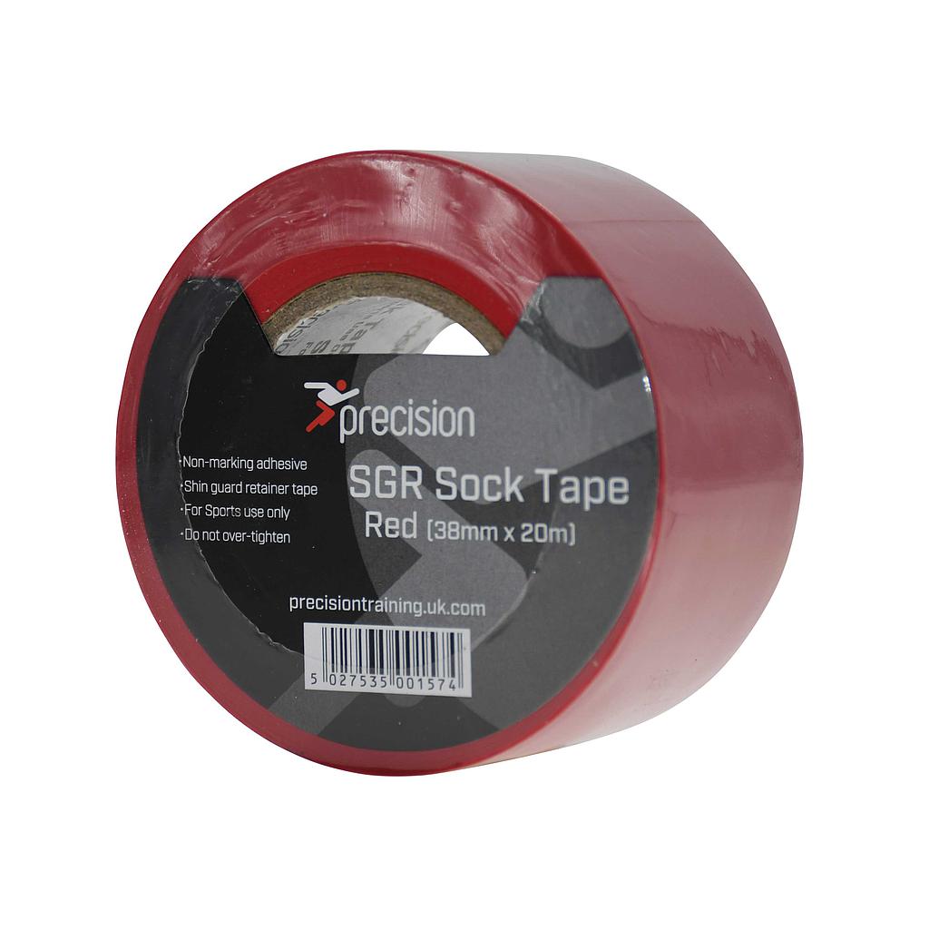 A pack of 5 Precision Training SGR Sock Tapes, each 38mm x 20m in red, glossy finish, partially unwrapped to show the cardboard core. Designed as shin guard retainer tape for sports use.