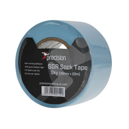 The Precision Training Precision SGR Sock Tape 38mm (Pack of 5) offers non-marking adhesive and a warning not to over-tighten—ideal for secure, comfortable shin guard support during play, in light blue and designed for sports use.