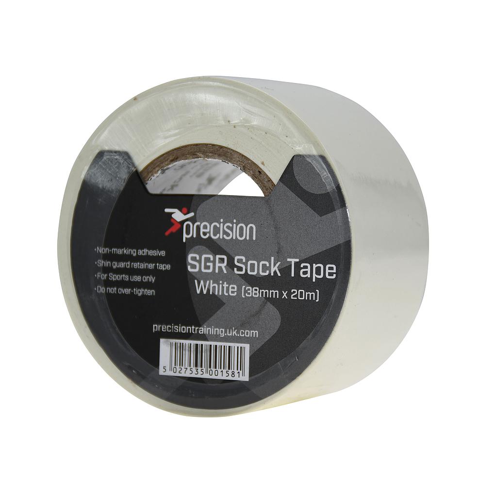A pack of 5 Precision Training SGR Sock Tapes (38mm x 20m) in white, featuring non-marking adhesive and shin guard retention, labeled for sports use only.