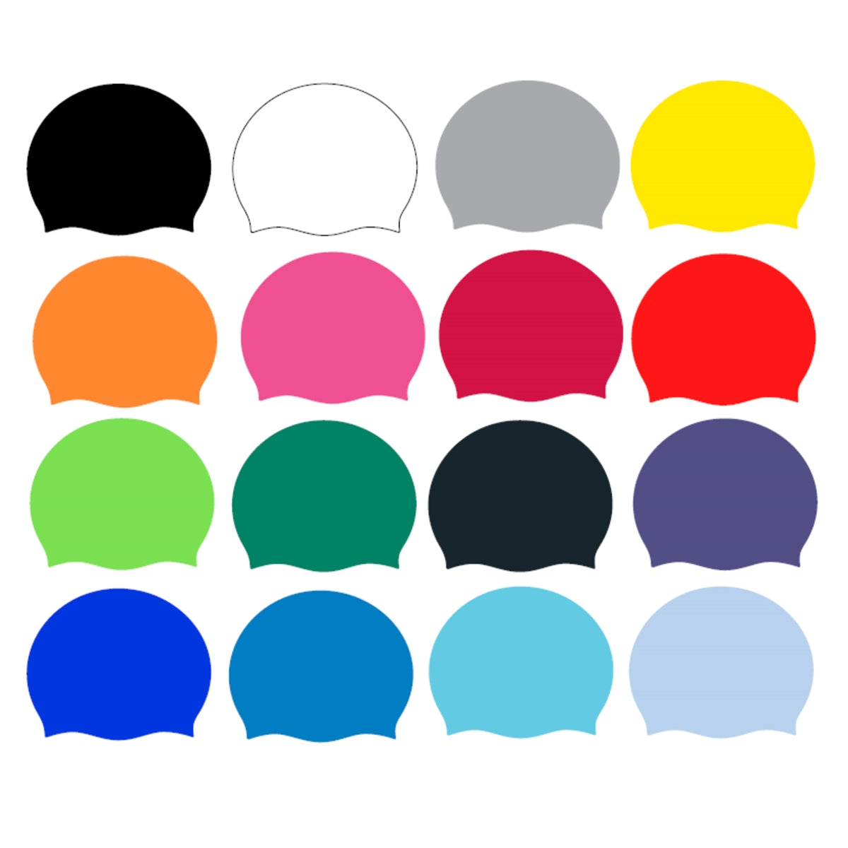 Sixteen Custom Printed Silicone Swim Caps by Martin Berrill Sports are displayed in a 4x4 grid, featuring solid colors like black, white, gray, yellow, orange, pink, red, green, teal, dark blue, purple, royal blue, light blue, and sky blue.