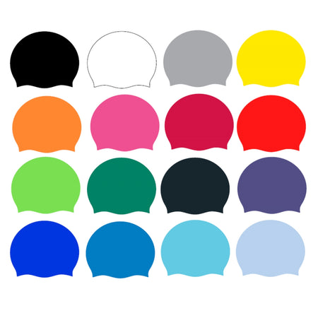 Sixteen Custom Printed Silicone Swim Caps by Martin Berrill Sports are displayed in a 4x4 grid, featuring solid colors like black, white, gray, yellow, orange, pink, red, green, teal, dark blue, purple, royal blue, light blue, and sky blue.