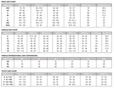 Clothing size charts in inches/cm for men, women, and youth—including Gray Nicolls Kempton CC Pro Performance Senior Sweater—plus international conversions. Charts list club logo sizes, chest, waist, hips, inseam, and height.
