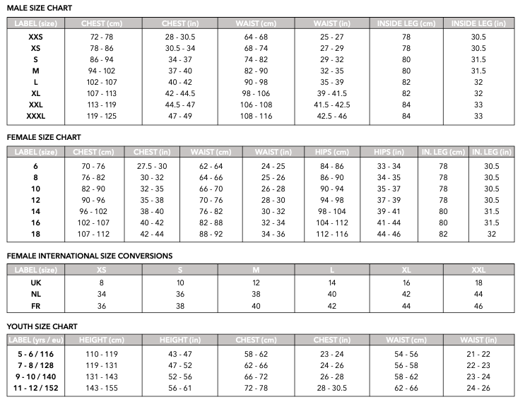 A size chart in inches and centimeters for men, women, and youth, plus women's UK/US/FR conversions—ideal for finding your Martin Berrill Sports National Star College CC Matrix V2 Short Sleeve Cricket Shirt fit.