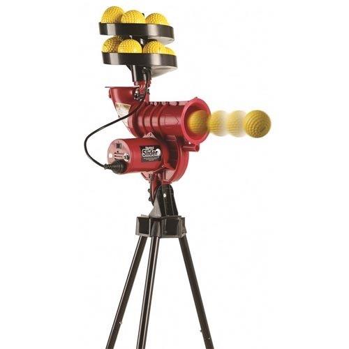 The Hunts County Heater Slider Bowling Machine, set on a black tripod, launches yellow balls at adjustable speeds. Multiple balls stack in the auto feeder above, with one ball shown being ejected in action.