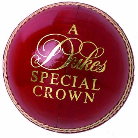 The Dukes Special Crown Cricket Ball (Senior) by Dukes features prominent stitching, gold "A Dukes Special Crown" lettering, and is crafted from top-quality English leather for superior league performance.