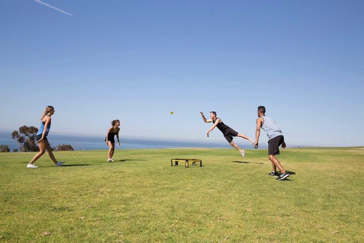 Four people play roundnet with the Kankakee Spikeball Pro Set on a grassy field by the ocean, as one player leaps to hit the ball. The clear blue sky, trees, and water create a scenic background.