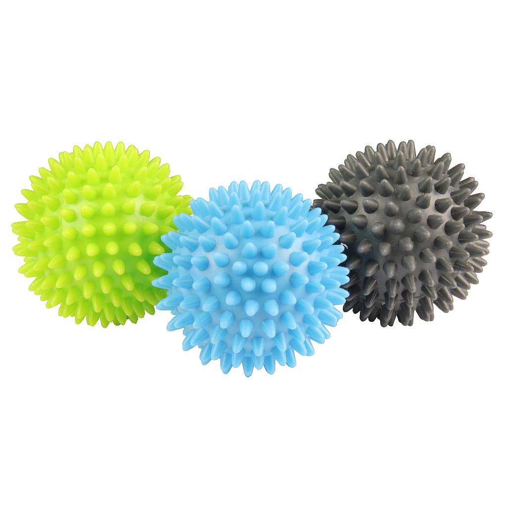 The Fitness Mad Spikey Massage Ball Set of 3 by Fitness Mad includes green, blue, and gray balls—ideal for self-massage and relieving muscle tension.