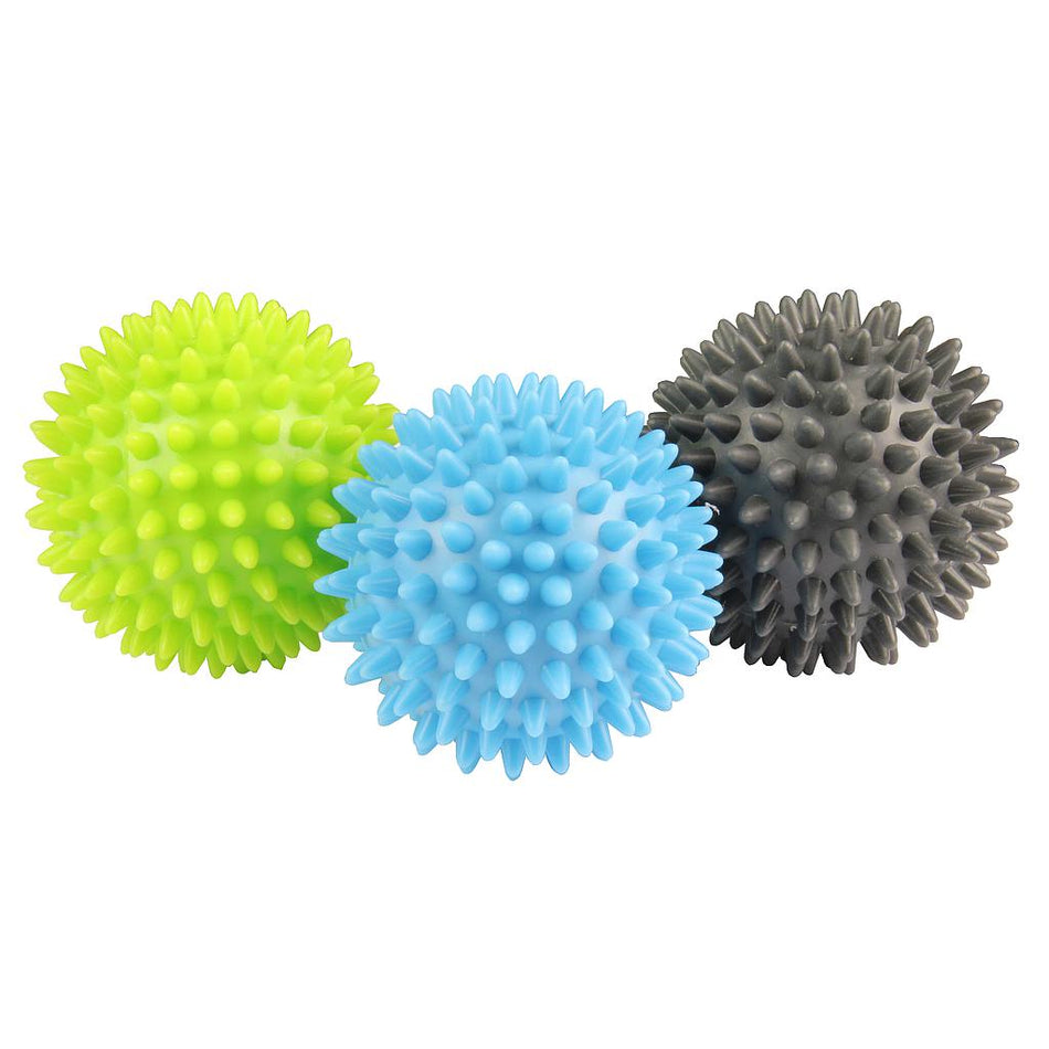 The Fitness Mad Spikey Massage Ball Set of 3 by Fitness Mad includes green, blue, and gray balls—ideal for self-massage and relieving muscle tension.