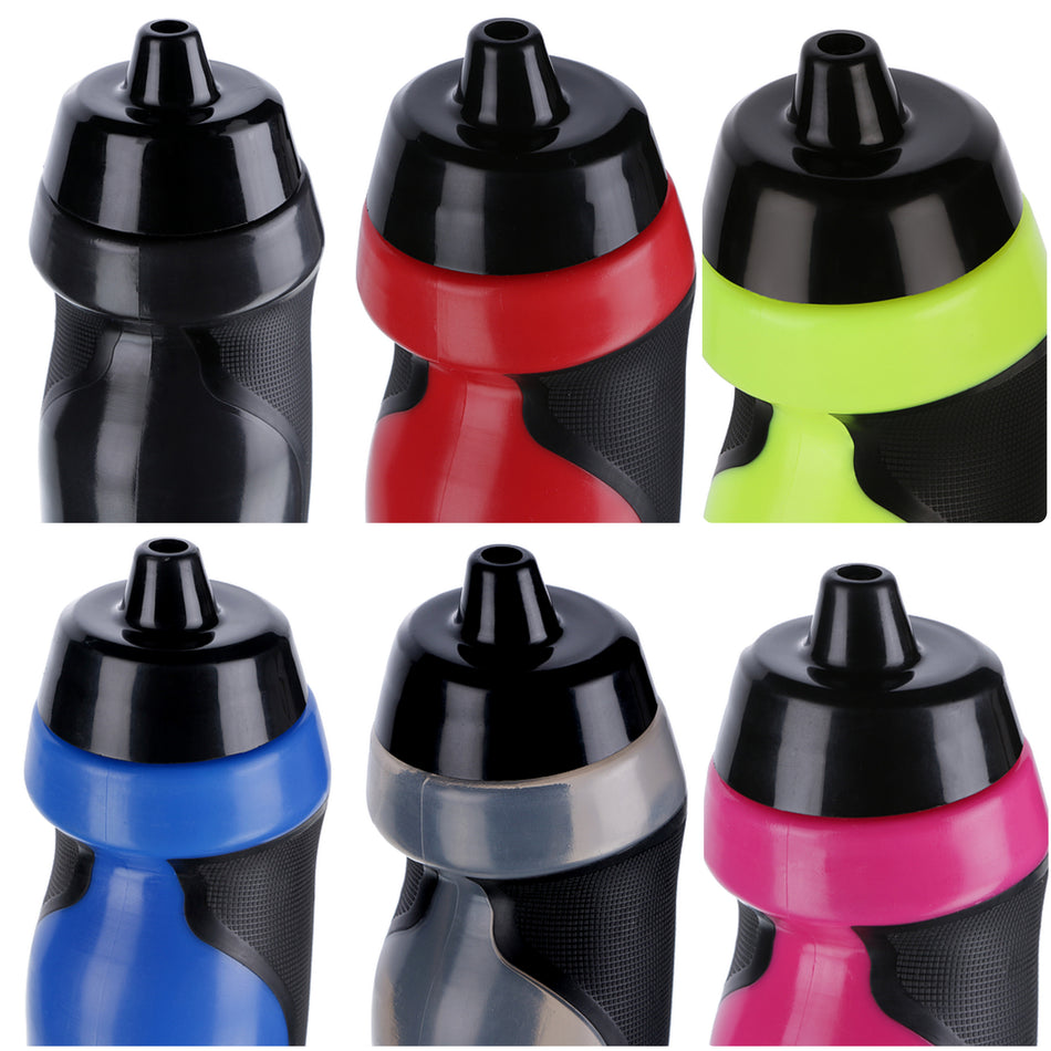 Six Precision Training Sports Water Bottles (600ml), BPA free with black tops and colored accents (black, red, yellow, blue, gray, pink), are arranged in two rows on a white background.