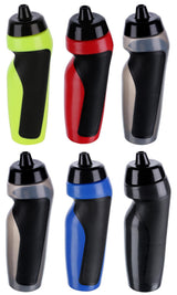 Six Precision Training Sports Water Bottles (600ml), BPA free, with black lids and ergonomic grips, are shown in two rows. The neon green, red, gray (2x), blue, and black bottles each have a matching side stripe.