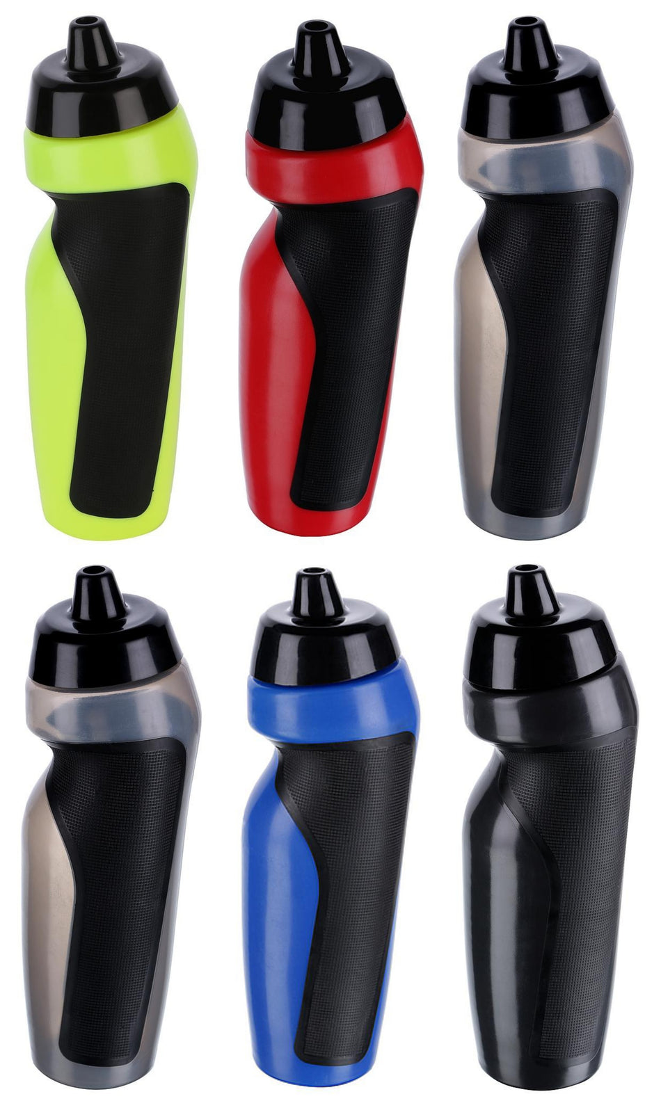 Six Precision Training Sports Water Bottles (600ml), BPA free, with black lids and ergonomic grips, are shown in two rows. The neon green, red, gray (2x), blue, and black bottles each have a matching side stripe.