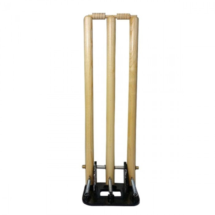 The Martin Berrill Sports Spring Back Stumps - Junior feature three 27-inch wooden stumps with a heavy metal base, ideal for reliable wicket play in youth cricket games.
