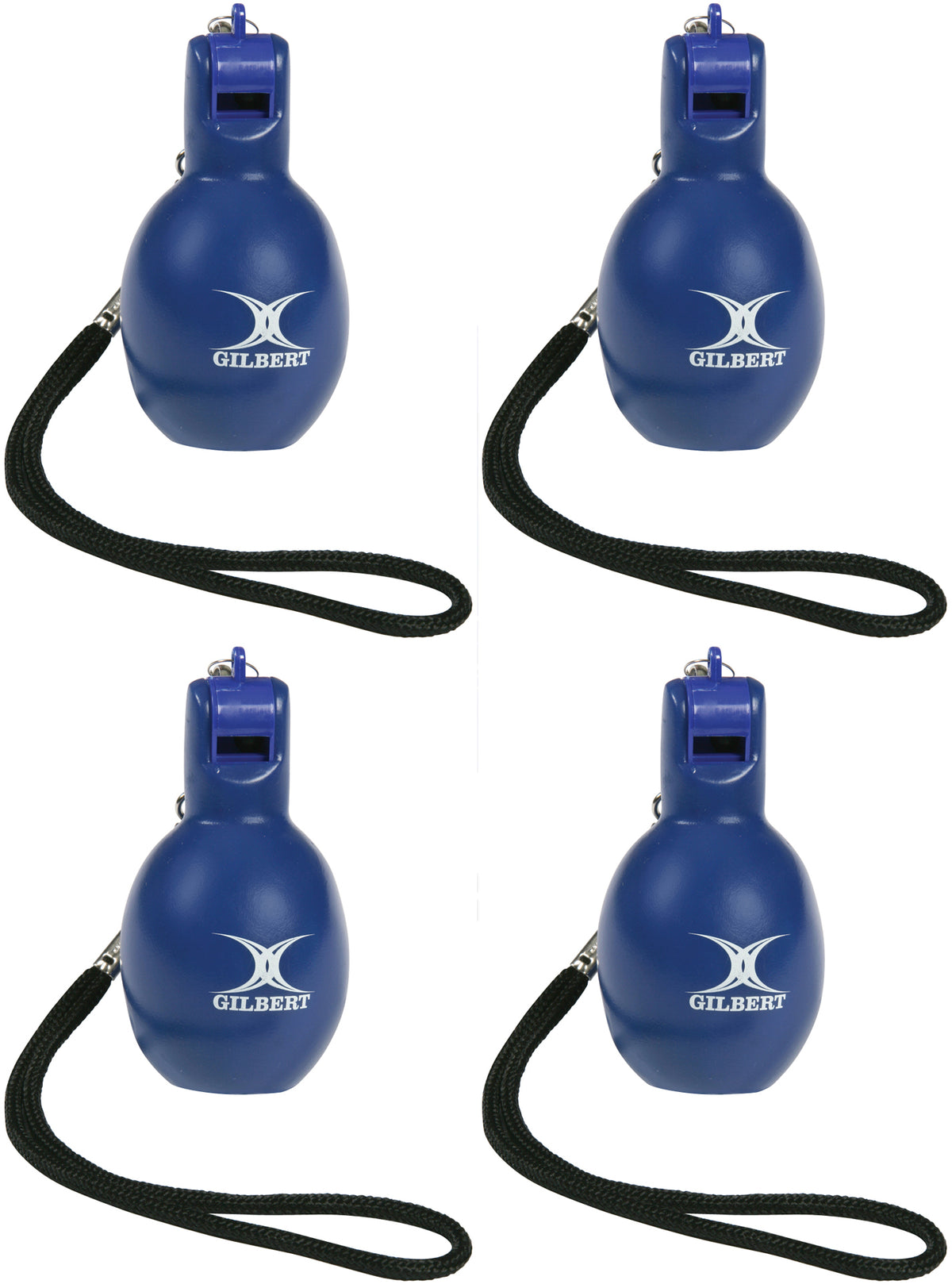 Four Gilbert Squeezy Whistles by Gilbert with black lanyards are displayed in a grid on a white background—perfect for PE teachers and sports coaches.