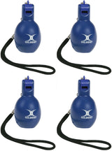 Four Gilbert Squeezy Whistles by Gilbert with black lanyards are displayed in a grid on a white background—perfect for PE teachers and sports coaches.