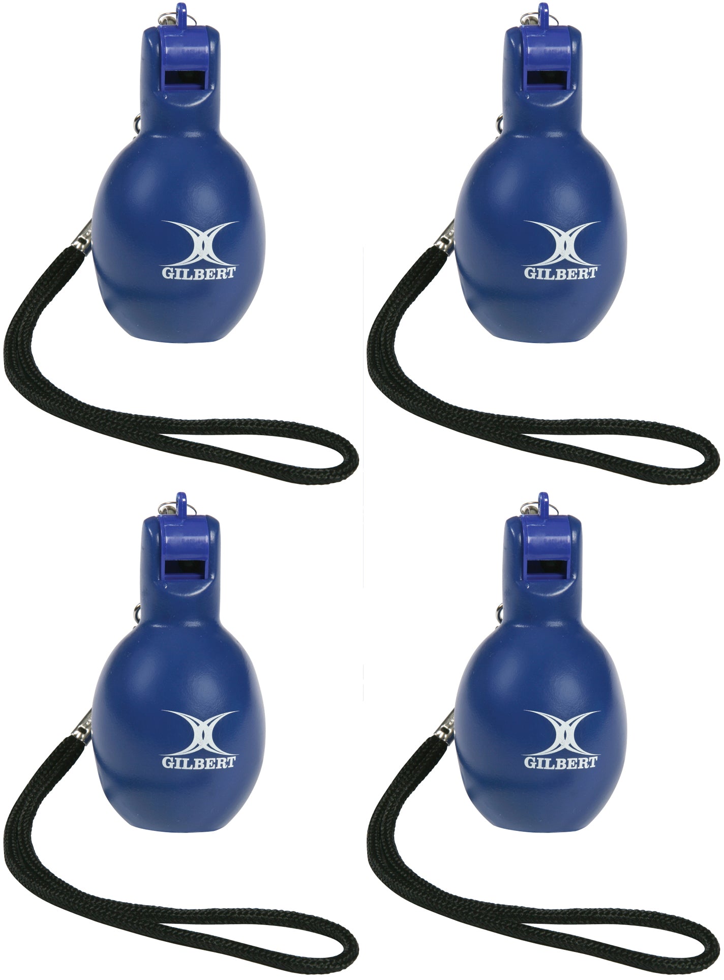 Four Gilbert Squeezy Whistles by Gilbert with black lanyards are displayed in a grid on a white background—perfect for PE teachers and sports coaches.
