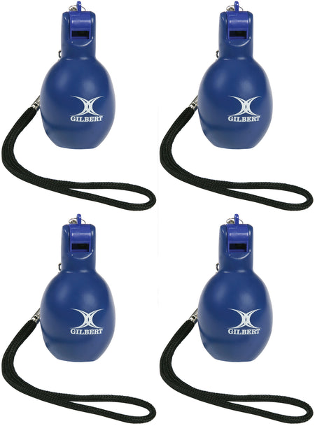 Four Gilbert Squeezy Whistles by Gilbert with black lanyards are displayed in a grid on a white background—perfect for PE teachers and sports coaches.