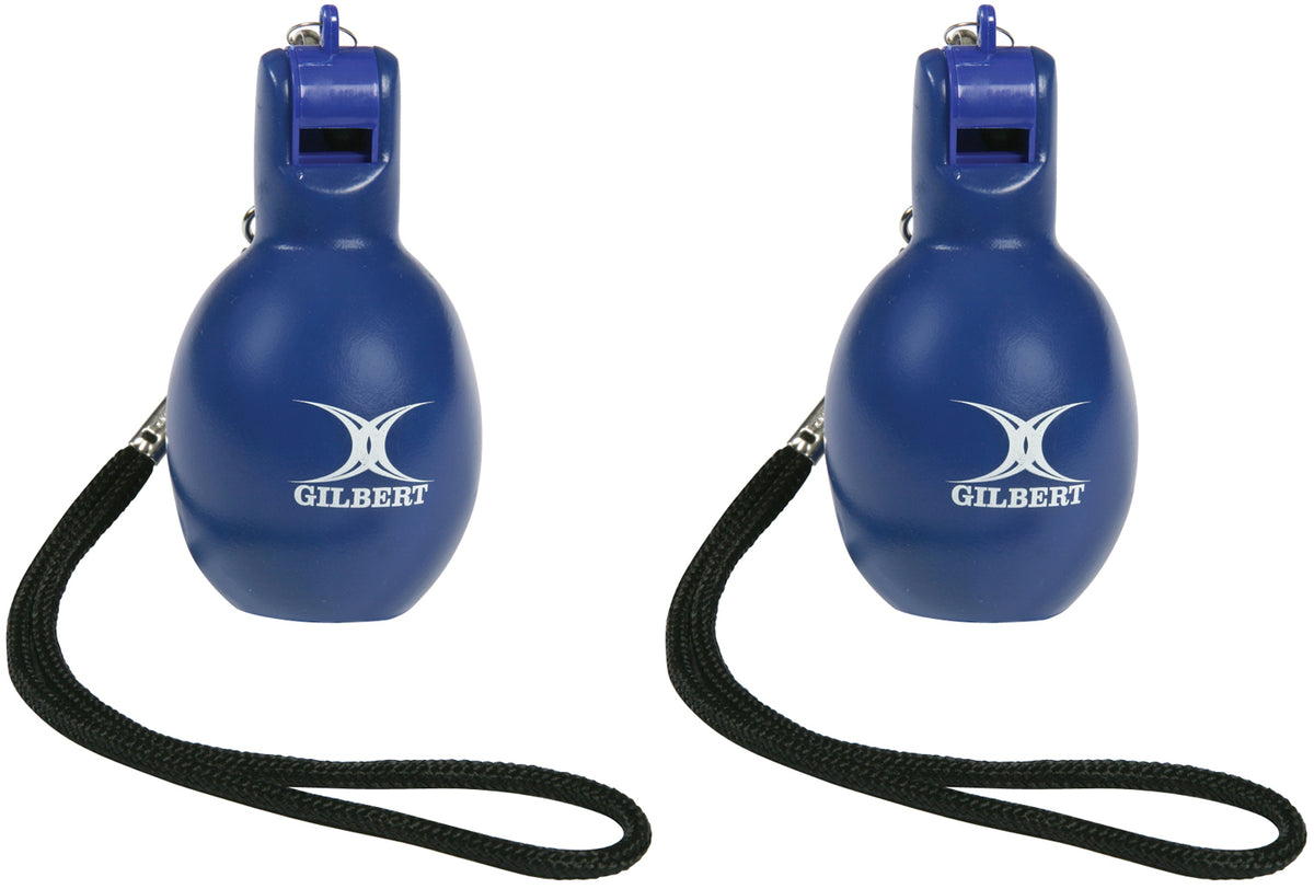 The Gilbert Squeezy Whistle by Gilbert is a blue whistle with a black strap, ideal for PE teachers and anyone needing a portable, hand-operated whistle.