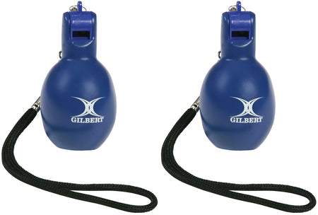 The Gilbert Squeezy Whistle by Gilbert is a blue whistle with a black strap, ideal for PE teachers and anyone needing a portable, hand-operated whistle.