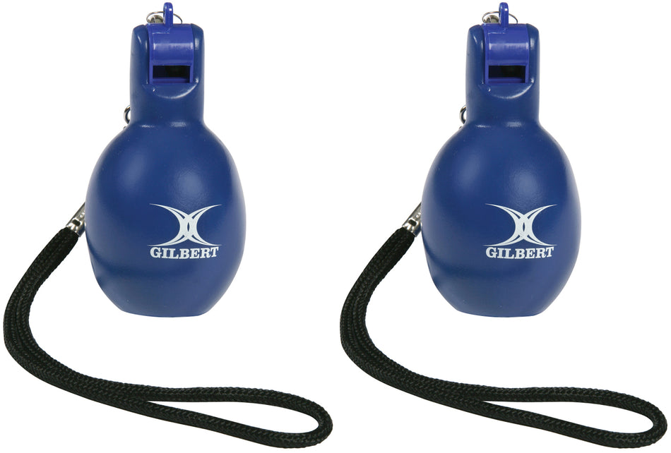 The Gilbert Squeezy Whistle by Gilbert is a blue whistle with a black strap, ideal for PE teachers and anyone needing a portable, hand-operated whistle.
