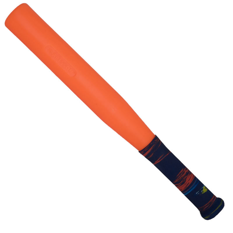 The Aresson Blaze Rounders Bat by Aresson features an orange design with a blue and red handle, is ideal for junior training, and is approved by Rounders England.