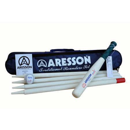 The Aresson Traditional Rounders Set includes a white bat with blue and green handle, four white stumps, a white ball with blue stitching, and a navy Aresson carry bag—perfect for family games.
