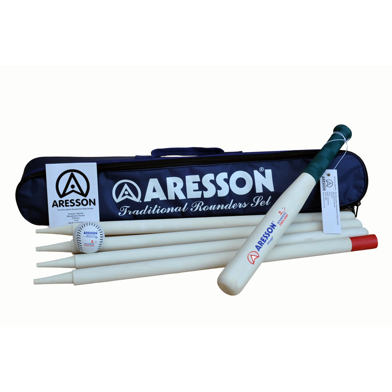 The Aresson Traditional Rounders Set includes a white bat with blue and green handle, four white stumps, a white ball with blue stitching, and a navy Aresson carry bag—perfect for family games.