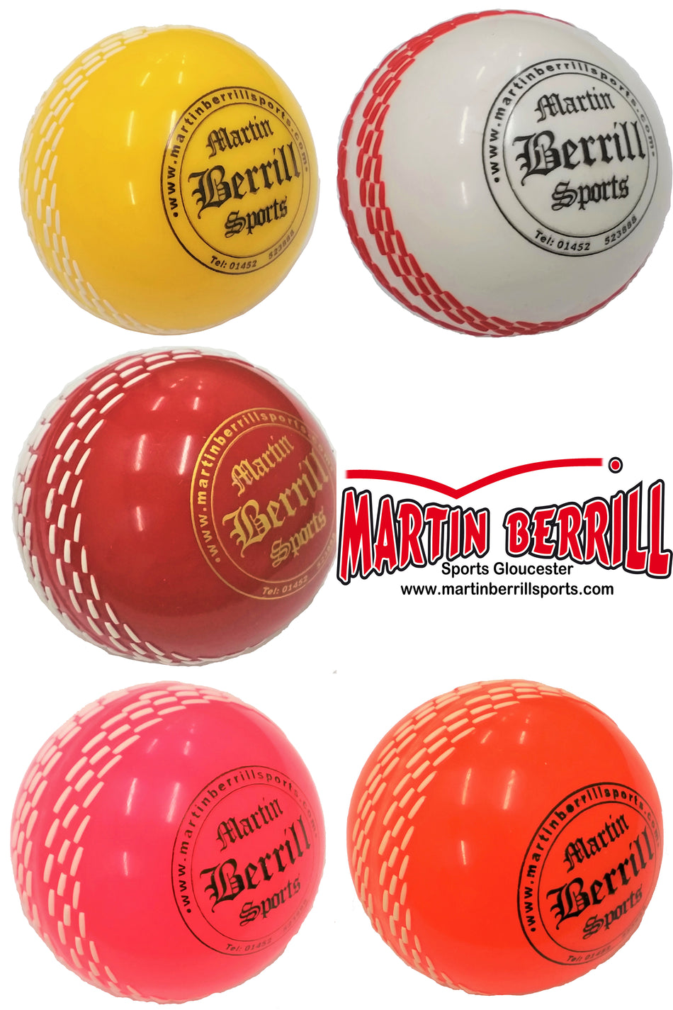 Five pink Storm PVC Coaching & Training Balls by Martin Berrill Sports, shown in pairs and a single ball—perfect for training—with the Martin Berrill Sports Gloucester logo and website at the bottom right.