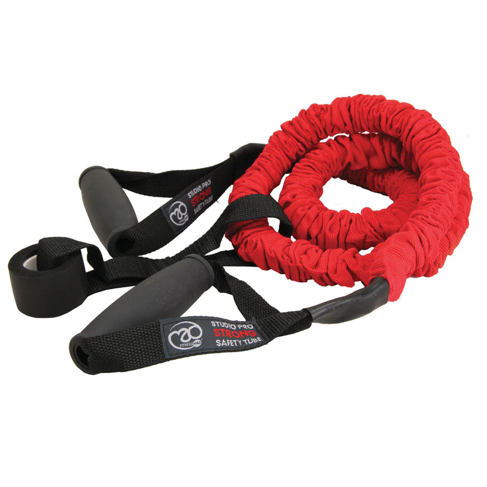 The Fitness Mad Safety Resistance Trainer by Fitness Mad features red latex resistance tubes with black handles and safety sleeves, ideal for a total body workout.