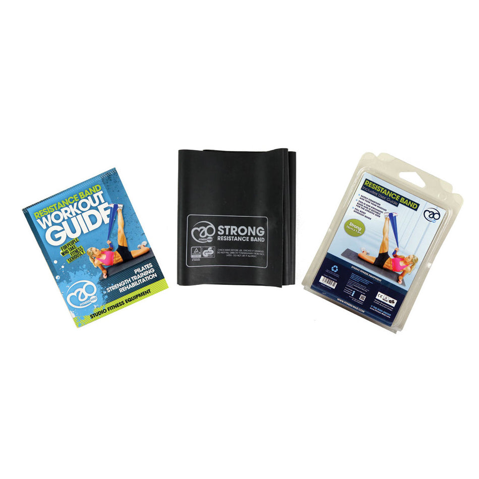 Included are three items: a Fitness Mad Yoga-Mad Resistance Bands workout guide, a rolled black band labeled "Strong Resistance Band," and packaged rehab band with visible physiotherapy exercise instructions.