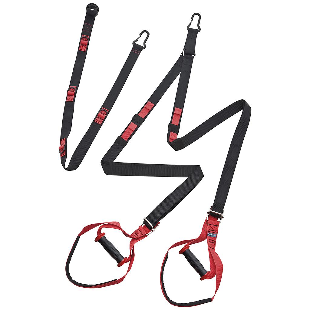The Fitness Mad Pro Suspension Trainer by Fitness Mad features black and red straps with handles and clips, offering a portable training system for effective bodyweight workouts anywhere.