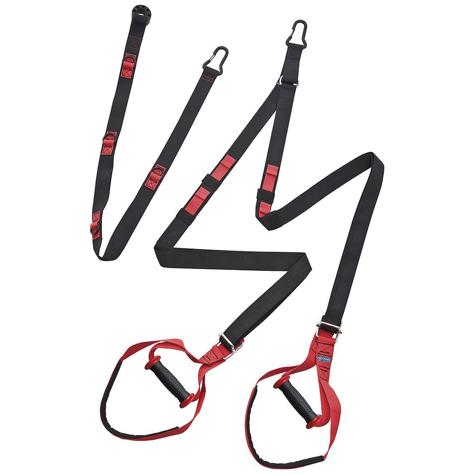 The Fitness Mad Pro Suspension Trainer by Fitness Mad features black and red straps with handles and clips, offering a portable training system for effective bodyweight workouts anywhere.