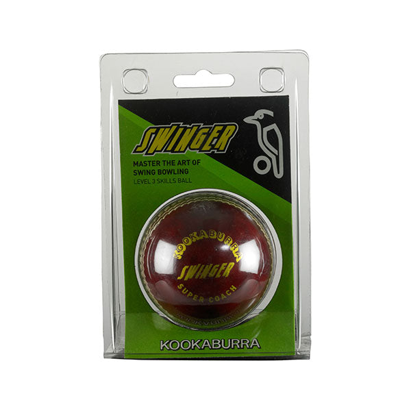 The Kookaburra Super Coach Swinger cricket training ball comes in a clear plastic case with green and black backing, features yellow text, a white Kookaburra logo, and has "Swinger" and "Super Coach" printed on the ball.