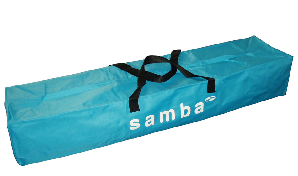 The Samba Sports Home Goal Bag is a large blue rectangular bag with black handles and "samba" in white on the side, ideal for carrying your Samba home goal or 8x4 goal.