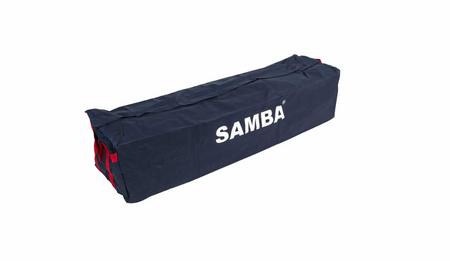 The Samba Sports Multi Goal Carry Bag is a large rectangular navy blue bag with red handles and "SAMBA" in white letters, designed for football goal storage, shown on a plain white background.