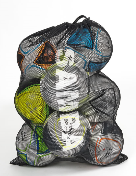 The Samba Sports Samba Mesh Ball Sack holds 10 soccer balls and features a black mesh design with a draw cord closure and "SAMBA" printed in large white letters. Includes balls with blue, orange, or yellow patterns. Background is plain white.