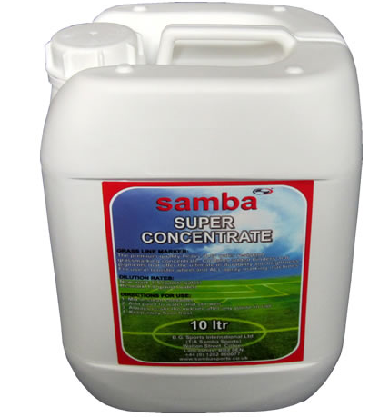 A white plastic 10-liter container of Samba Sports Super Concentrate Line Marking Compound, with a red and blue label showing usage instructions, a grassy field image, and recommended for marking machines.